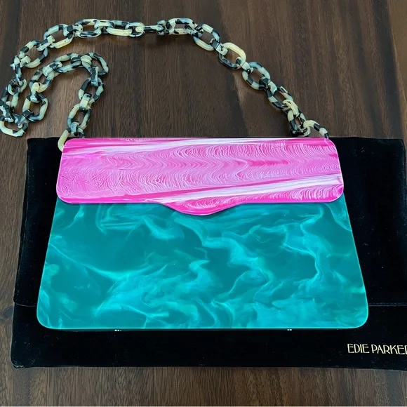 EDIE PARKER Malachite & Pink Acrylic Box Bag Tortoise Chain Hardbody Lady RARE - Picture 2 of 12